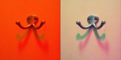 photos of a coat hook by colored lights